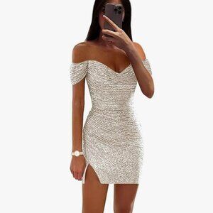 Off Shoulder Sequin Dress Short Sparkly with Slit NWT 12